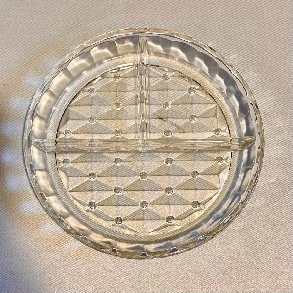 Vintage Depression Glass Clear Pressed Glass Diamond Divided Serving Dish-6”D